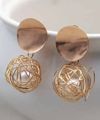 TCZ Rose Gold-Toned Spherical Dangle Earrings with Wire Cage Design Brass Earring Set