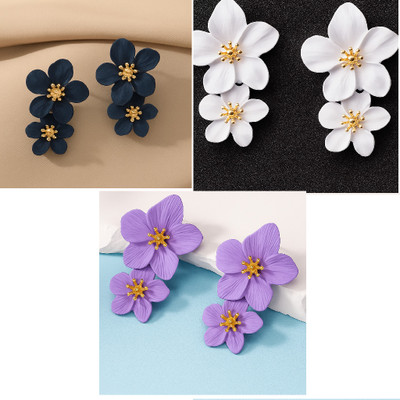 veyra Elegant Flower Design Earrings (Combo of 3 – White, Black & Purple) Alloy Drops & Danglers