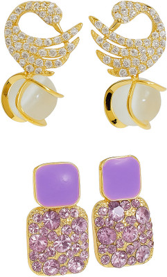 TRIVEDIS Combo of Gold Plated Swan Pearl Earrings and Lavender Stone Stud Earrings Cubic Zirconia Alloy Tassel Earring, Earring Set