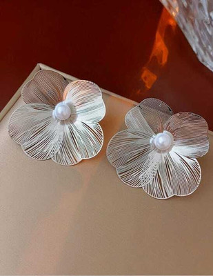 DiegoEnterprise Glossy Silver Striped Flower Shaped Earrings for women and girls Stainless Steel Stud Earring
