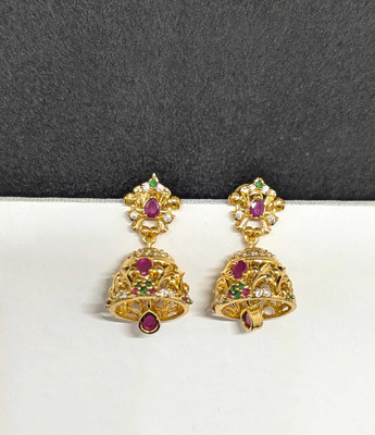 Rithvin Fashion Traditional Gold-plated with Pink and Green stones Jhumka-style earrings Cubic Zirconia Alloy Jhumki Earring