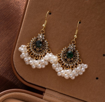 AKISON JEWELS Pearls Ad Stone Traditional Earrings For Women Party Wear Earring Hook Earrings Pearl, Cubic Zirconia, Diamond, Emerald Alloy Earring Set, Drops & Danglers, Jhumki Earring