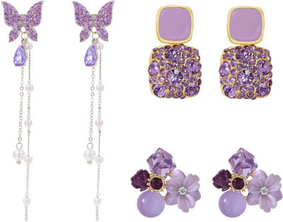 BEAUTYNX Combo Of 3 Stylish Lavender Crystal & Butterfly Earring Alloy Stud Earring, Huggie Earring