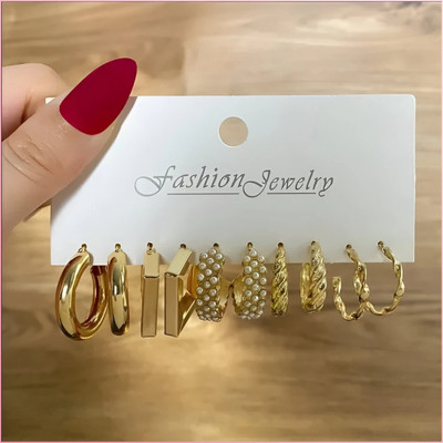 Nehdal Combo of 5 Pair Geometric Twisted Chain Pearl Hoop Earrings For Women And Girls Pearl Alloy Hoop Earring