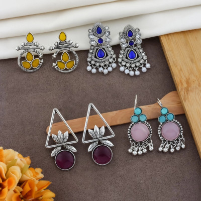 DANGAR ENTERPRISE Set of 4 Oxidised Silver Earrings with Color Stones for Women & Girls Alloy Earring Set