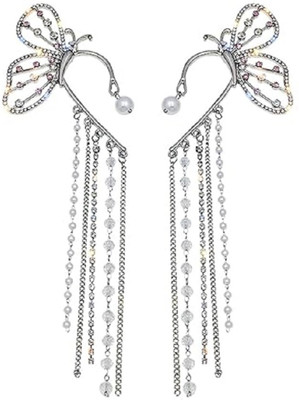 Deevam Butterfly Earcuff Long Tassle Drop Platinum Plated Earrings for Women & Girls Swarovski Crystal Alloy Cuff Earring