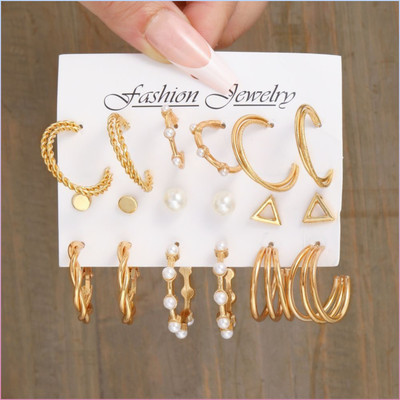TVI Combo of 9 Pair Golden Triangle Pearl Stud / Twisted Hoop Earring For Women/Girl Pearl Alloy Hoop Earring