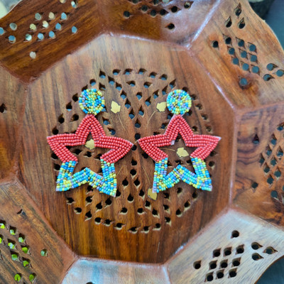 MASHBA Red And Multicolor Seed Beaded Handmade Star Shape Earrings For Women And Girls Beads Fabric Drops & Danglers
