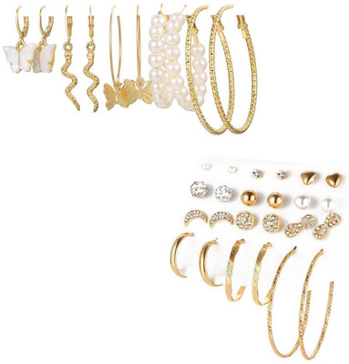 VIDALI Combo of 17 Pair Pearl Stone Studs and Hoop Earrings For Women Pearl Alloy Hoop Earring