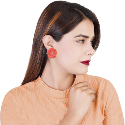 Vientiq Handmade Orange Floral-Beaded Stud Earrings For Women/Girl's Beads Alloy Stud Earring