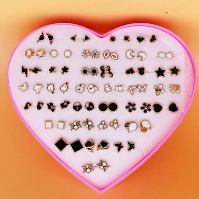 DIVINE 36 Pairs of Mix Design Earrings in a Pink Heart Shape Box for Girls, Women 1 Box Plastic Stud Earring
