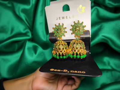 Sachiksha Oxidised Green Jhumka Earrings with Beads Beads Brass Huggie Earring, Earring Set, Chandbali Earring, Jhumki Earring, Tassel Earring