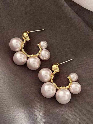 Styledose Trending Glamorous Golden Stud Pearl Hoop Earrings For Women And Girls Pearl Alloy Stud Earring