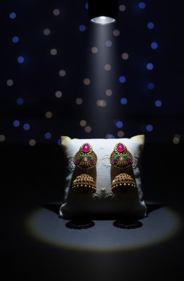 desi drapes Antique Gold-Plated Jhumka Earrings with Ruby & Emerald Stones for Women Alloy Jhumki Earring, Drops & Danglers
