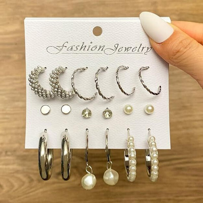 JDENTERPRISES Combo Of Silver Plated 9 Pair Pearl, Stone, Hoops, And Stud Earrings Pearl Alloy Drops & Danglers