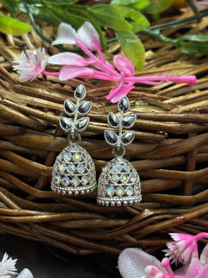 SHYAMZAN Silver Plated Leaf Design Jhumka Earrings | Mirror & Crystal Work Crystal Alloy Jhumki Earring
