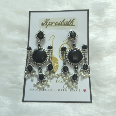 Apresbath Apresbath Black Stone Chandbali Earrings with Pearls Oxidized Silver Boho Brass Drops & Danglers