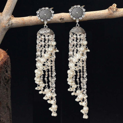 navjai Silver Plated Rhinestone Droop Long Hanging Earring Kan Ka Jhumka Pearl For Girl Pearl Alloy Jhumki Earring