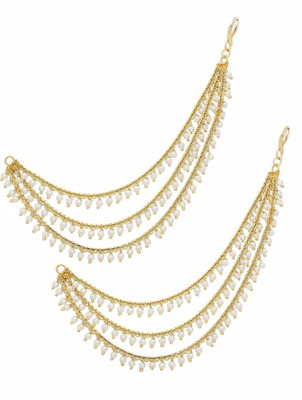 MEENAZ 1 one gram gold Polish 22k Plated Traditional Temple Jewellery Bahubali Brass Copper Ear Chain White pearl Studded Kan chain south indian Earing For Women girls wedding bridal bride dulhan Fancy party wear Latest Set kaan Hair Accessory women kanoti head Wedding Pearl Accessories Jhumki Jhumk