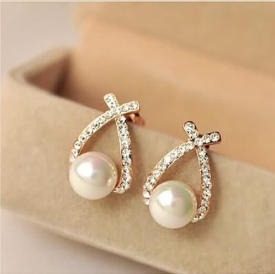 Ruhi Collection Korean Diamond Studded Cross Pearl Stud Earrings Zircon Stainless Steel Stud Earring