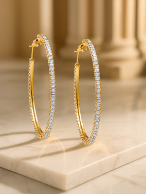 RUBANS 18K Gold-Plated Statement Round Big Hoop Earrings with Cubic Zirconia Brass Hoop Earring