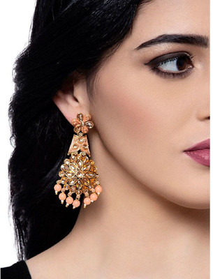 Anika's Creation Traditional Gold Plated Kundan Pearl Peach Classic Enamelled Danglers Cubic Zirconia, Beads Alloy Drops & Danglers