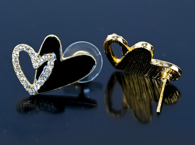 QUICKCLICK Women's and Girls Elegant Black Hear Shape Shiny Zircon Stainless Steel Stud Earring