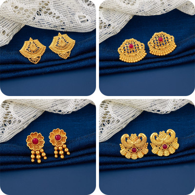 LaChoiceIt Pack of 4 Pair Traditional Gold Pleted Earring Collection Brass Earring Set