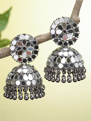 Karatcart Black Silver Plated Mirror Studded Jhumki Earrings for Women Alloy Jhumki Earring