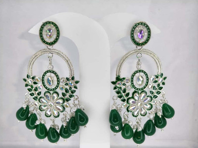 BALKI Women's Green & Silver Plated Floral Kundan Chandbali Earrings Alloy Chandbali Earring