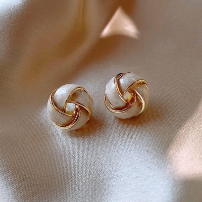 KRYSTALZ Vintage Elegant White Color Twisted Knot Spiral Ball Stud Earrings Mother of Pearl Stainless Steel Stud Earring