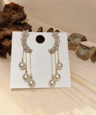 TheVineGirl Korean Zircon Studded Ear Cuff With Pearl Tassel Long Earrings 2Pcs/Set Stainless Steel Earring Set
