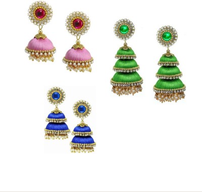 Sanj Three combo Silk thread earrings Jhumka for Women & Girls Fabric Jhumki Earring