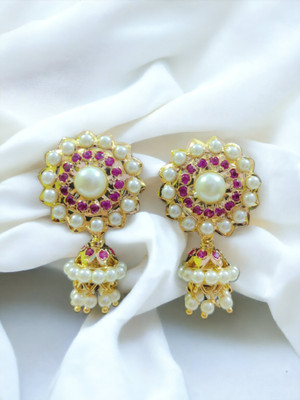 Rekha Jewellery Pearl Red Round Design Tops With Single Layer Pearl Copper Jhumki Earring