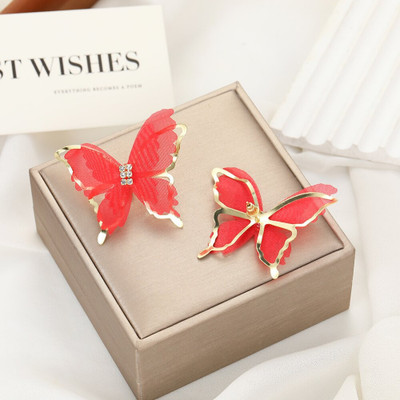 ShinyDrops Chiffon Fabric Red butterfly with Mesh Design Korean Stud Earrings for Girls Alloy Stud Earring