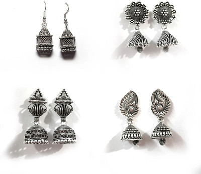 Jhumka Street Pack of 4 Traditional Oxidized Silver Jhumki Earrings for Women & Girls Alloy Drops & Danglers