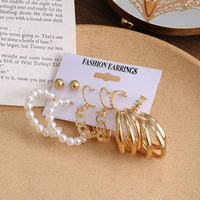 Vembley Combo Of 6 Golden Plain Chain and Pearl Big Earrings For Her Alloy Hoop Earring