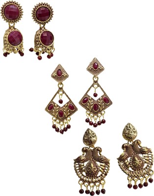 JJS FASHION Gold Plated Dangle Earrings for Women and Girls, Birthday Gift, Set of 3,Maroon Pearl Brass Jhumki Earring, Chandbali Earring, Drops & Danglers