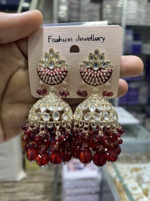 Lucentarts Jewellery Pearl Studded Traditional Maroon Jumkha Earrings For Women Cubic Zirconia Alloy Jhumki Earring