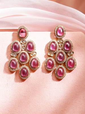 RUBANS 22K Gold-Plated Rose Pink Oval Stone & Cubic Zirconia Studded Chandelier Brass Chandbali Earring