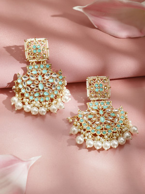 RUBANS 18K Gold-Plated Pastel Green & White Kundan Long Chandbali with Pearls Brass Chandbali Earring