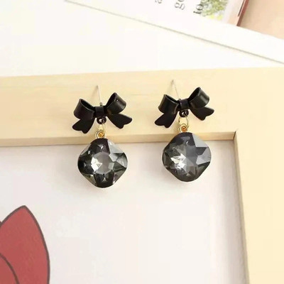RTrinket Korean Earrings 925 Silver Needle Black Bowknot Drop Earrings Luxury Rhinestone Alloy Stud Earring