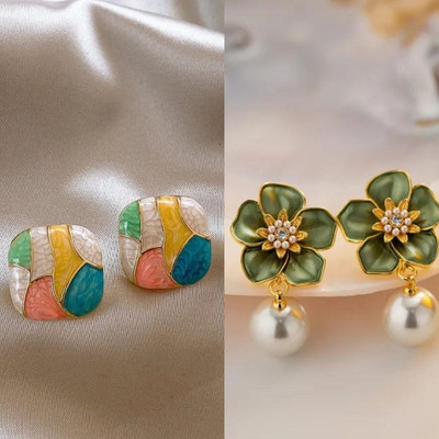 estailo fashion A Pearl Of Flower Earrings & Blind Date Stud Earrings Zircon Alloy Earring Set