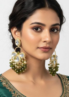 GetBling Traditional Kundan & Olive Green Beads Chandbali Earrings for Women & Girls Beads, Sapphire Alloy Drops & Danglers