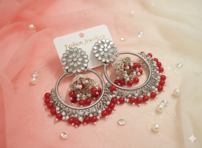 Kivaaa Collections Red Oxidised Silver Chandbali Jhumka - Kundan Beads work ,Peral Earring Alloy Chandbali Earring