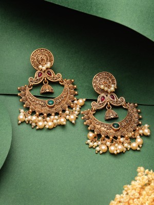 Adiva ADIVA Gold-Plated Multicoloured Stone & Pearl Crescent Shaped Drop Earrings Alloy Drops & Danglers