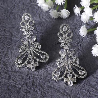 ZENEME Rhodium-Plated White American Diamond studded Paisley Shaped Drop Earrings Cubic Zirconia Brass Drops & Danglers