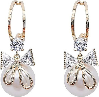 VIDIMO VIDIMO Elegant Gold Plated Bow Pearl Dangler Earrings for Women & Girls Pearl, Crystal Brass, Alloy Drops & Danglers, Jhumki Earring