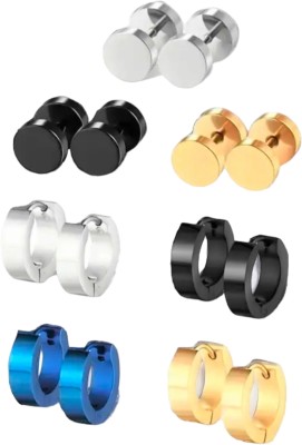Shree Ju Trendy Silver Black Gold Blue Hinged Dumbbell Bali Combo For Men Women (7 Sets) Stainless Steel Hoop Earring, Huggie Earring, Stud Earring, Earring Set
