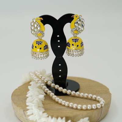 RatnaRaga Meenakari Jhumka Earrings with Peacock Top | Yellow & Blue Traditional earrings Beads, Diamond, Pearl Alloy Jhumki Earring, Drops & Danglers